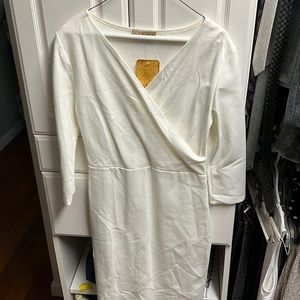 Hybrid & Company White Three-Quarter Sleeve Surplice Midi Dress